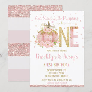 Elegant Pink Pumpkin 1st Birthday One Twin Girls Invitation