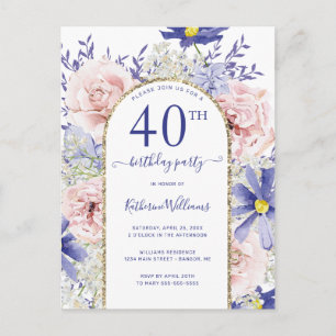 Elegant Pink Purple 40th Birthday Party Invitation Postcard