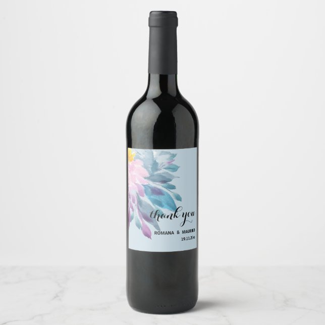 Elegant Pink Purple Blue Dahlia Watercolor Art Wine Label (Front)
