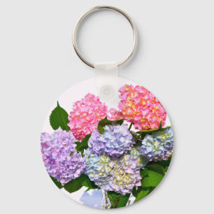 Elegant pink purple blue floral hydrangea bouquet key ring