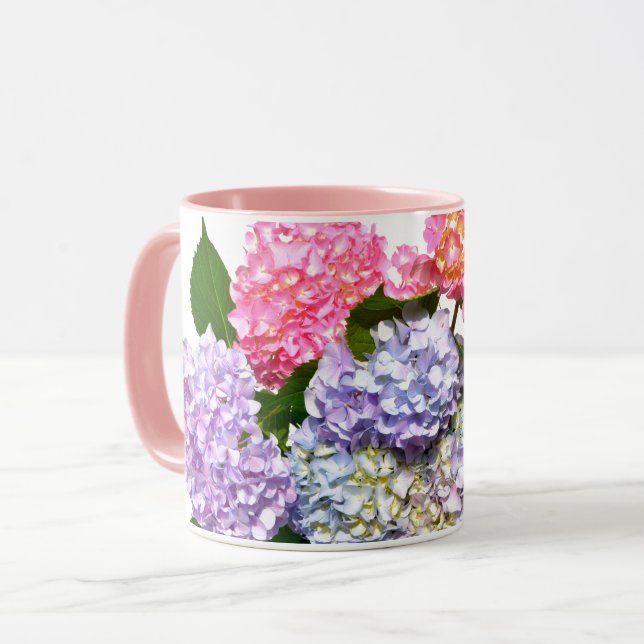 Elegant pink purple blue floral hydrangea bouquet mug (Front Left)