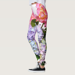 Elegant pink purple blue florals Hydrangea Bouquet Leggings