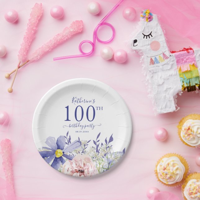 Elegant Pink Purple Floral 100th Birthday Party Paper Plate (Party)