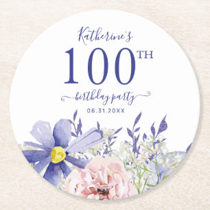 Elegant Pink Purple Floral 100th Birthday Party Round Paper Coaster