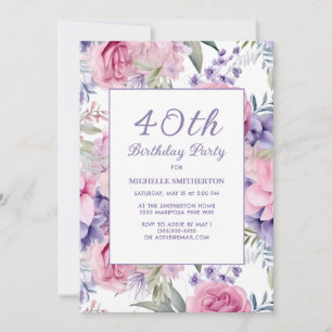 Elegant Pink Purple Floral 40th Birthday Invitation