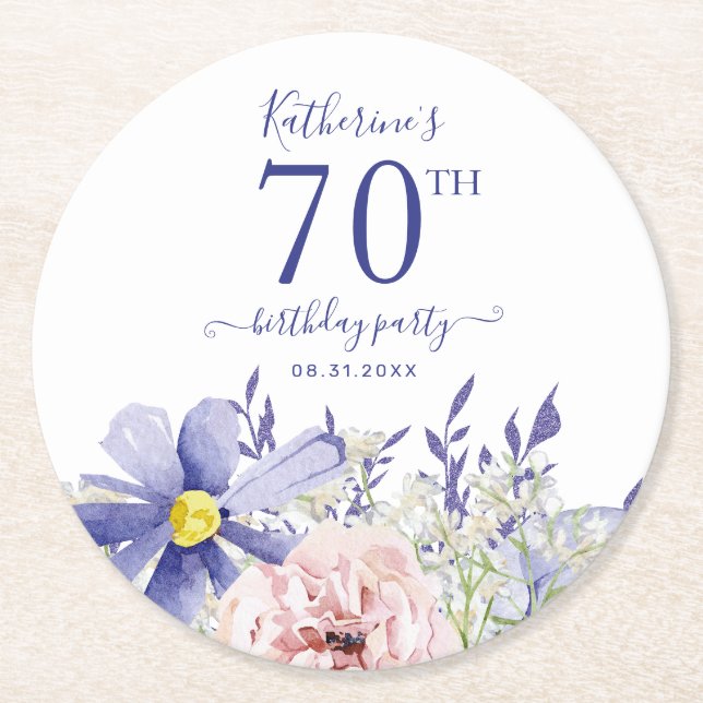 Elegant Pink Purple Floral 70th Birthday Party Round Paper Coaster (Front)