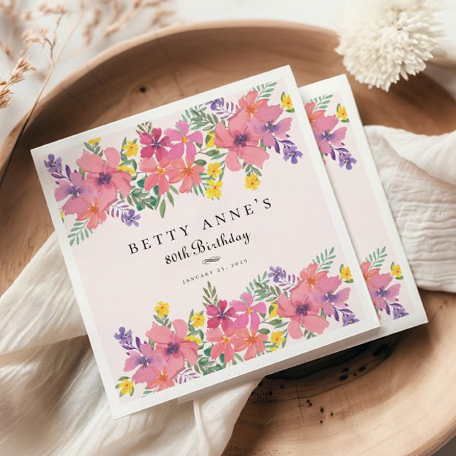 Elegant Pink Purple Floral 80th Birthday Party Napkin (Creator Uploaded)