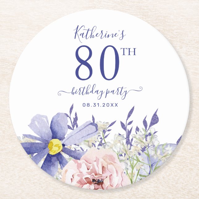 Elegant Pink Purple Floral 80th Birthday Party Round Paper Coaster (Front)