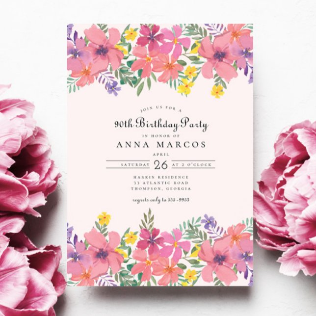 Elegant Pink Purple Floral 90th Birthday Party Invitation (Creator Uploaded)