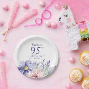 Elegant Pink Purple Floral 95th Birthday Party Paper Plate