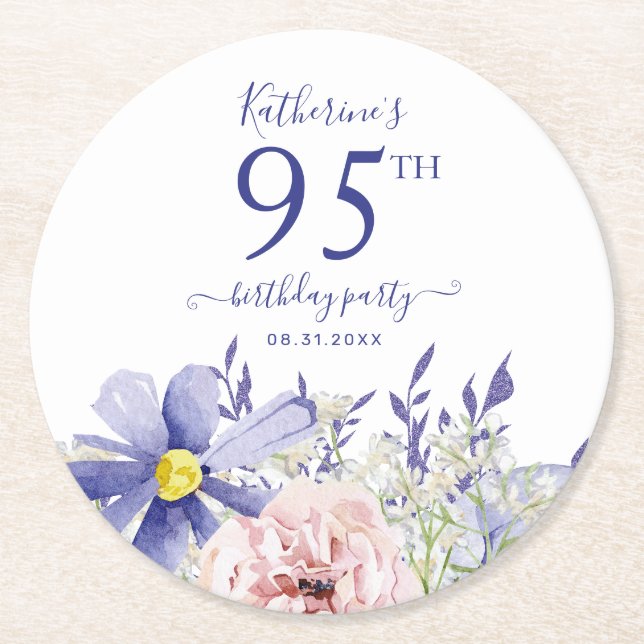 Elegant Pink Purple Floral 95th Birthday Party Round Paper Coaster (Front)