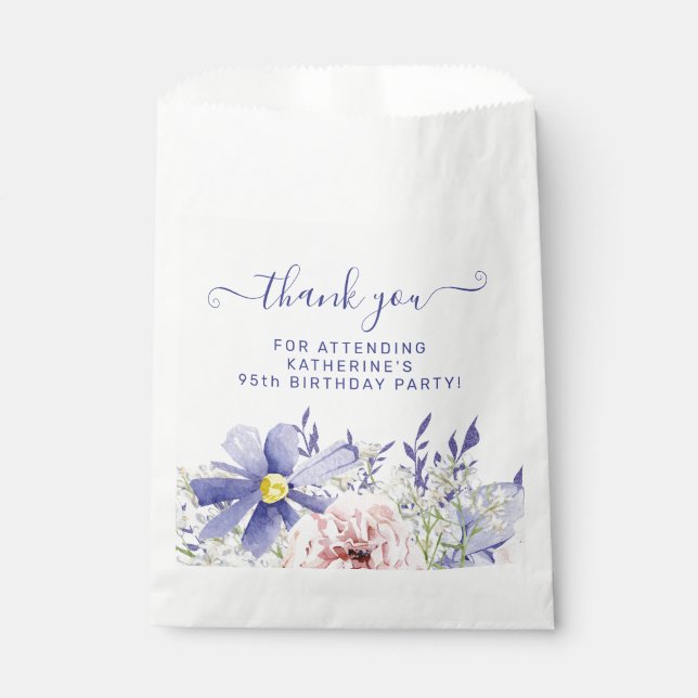 Elegant Pink Purple Floral 95th Birthday Thank You Favour Bag (Front)
