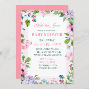 Elegant Pink Purple Floral Baby Shower Invitation