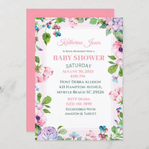 Elegant Pink Purple Floral Baby Shower Invitation