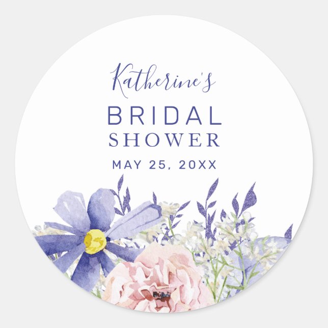 Elegant Pink Purple Floral Bridal Shower Classic Round Sticker (Front)
