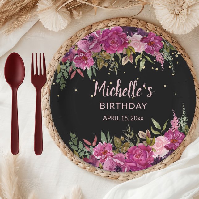 Elegant Pink Purple Floral Glitter Black Birthday Paper Plate (Pink and burgundy watercolor floral on black birthday party paper plate)