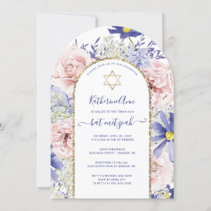 Elegant Pink Purple Floral Gold Arch Bat Mitzvah Invitation