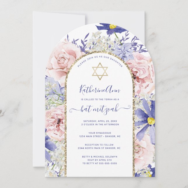 Elegant Pink Purple Floral Gold Arch Bat Mitzvah Invitation (Front)