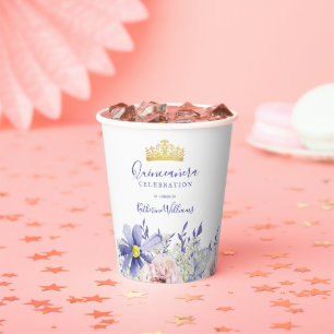 Elegant Pink Purple Floral Gold Crown Quinceañera Paper Cups