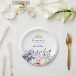Elegant Pink Purple Floral Gold Crown Quinceañera Paper Plate