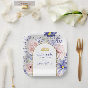 Elegant Pink Purple Floral Gold Crown Quinceañera Paper Plate