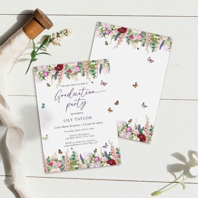Elegant Pink Purple Floral Graduation Party  Invitation (Creator Uploaded)
