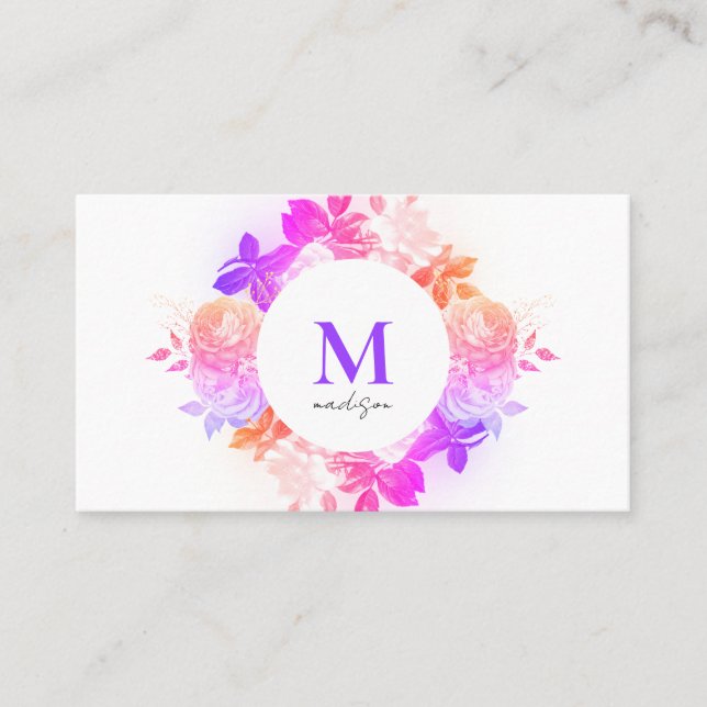 Elegant Pink Purple Floral Monogram QR Code Business Card (Front)