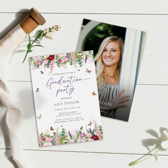 Elegant Pink Purple Floral Photo Graduation Party  Invitation (Creator Uploaded)