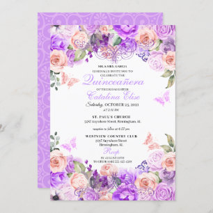 Elegant Pink & Purple Floral Quinceanera Birthday Invitation