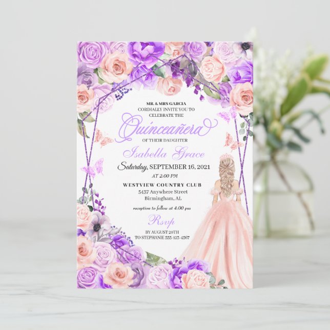 Elegant Pink & Purple Floral Quinceanera Invitatio Invitation (Standing Front)