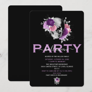 Elegant Pink & Purple Floral Skull Halloween Party Invitation