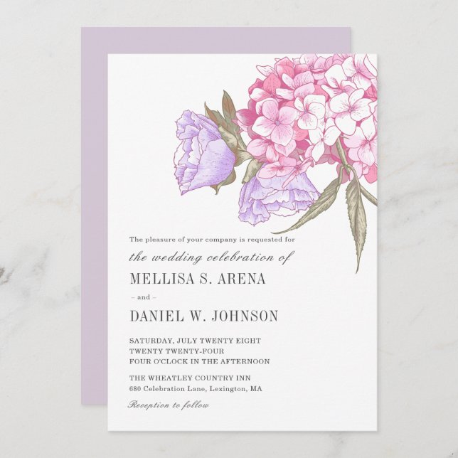 Elegant Pink Purple Floral Wedding Invitation (Front/Back)