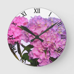Elegant pink purple florals hydrangeas round clock