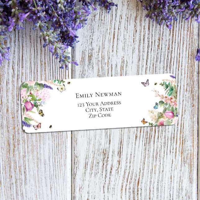 Elegant Pink Purple Flowers & Butterflies Return Address Label (Creator Uploaded)