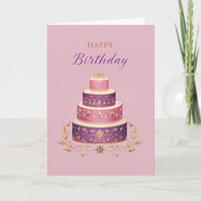 Elegant Pink, Purple & Gold Birthday Cake Card (Front)