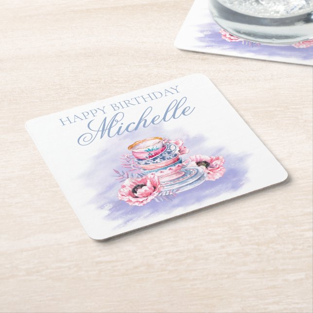 Elegant Pink Purple Happy Birthday Tea Party Square Paper Coaster (Angled)