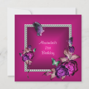 Elegant Pink Purple Jewel Flowers 21st Birthday Invitation
