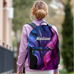 Elegant pink purple marble art faux glitter printed backpack