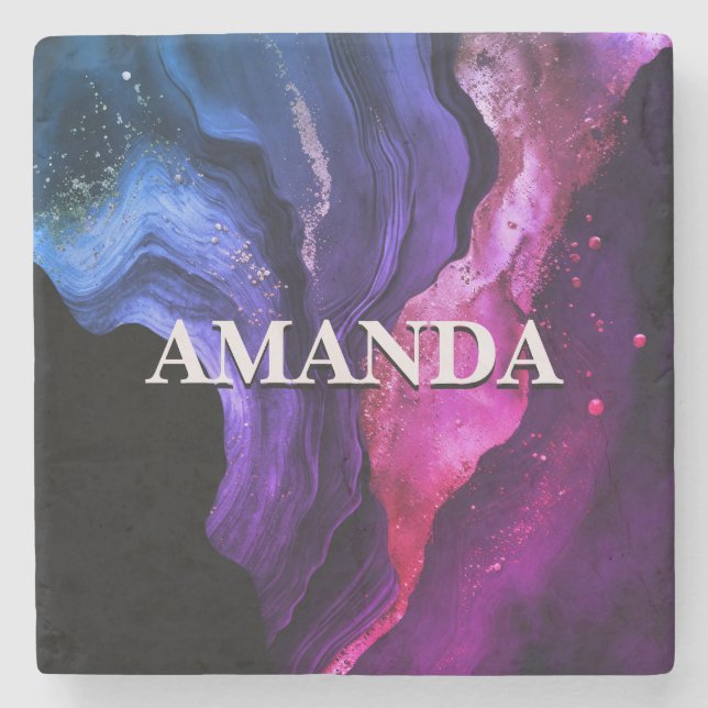 Elegant pink purple marble art faux glitter  stone coaster (Front)