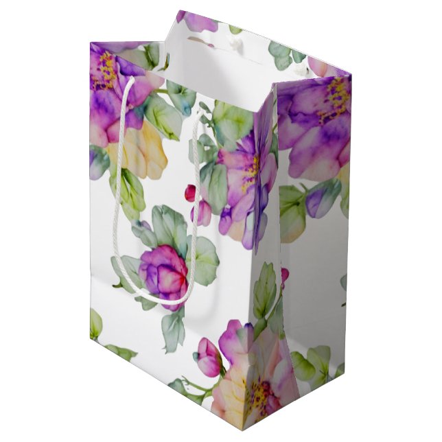 Elegant pink purple watercolor floral medium gift bag (Front Angled)
