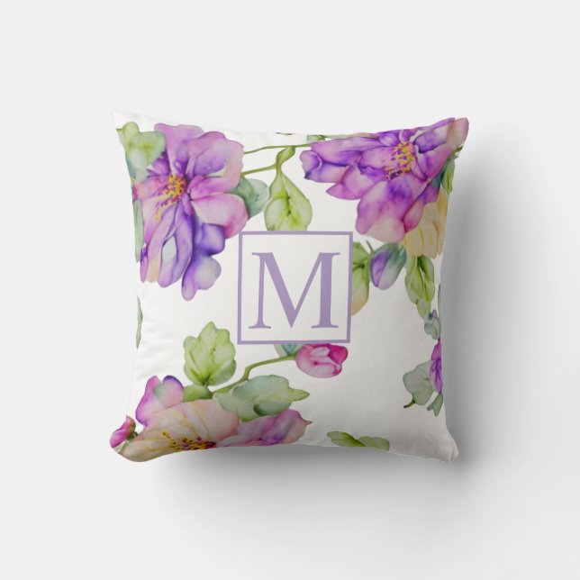 Elegant pink purple watercolor floral monogram cushion (Front)