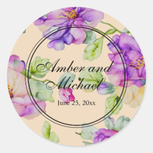 Elegant pink purple watercolor floral Wedding Classic Round Sticker