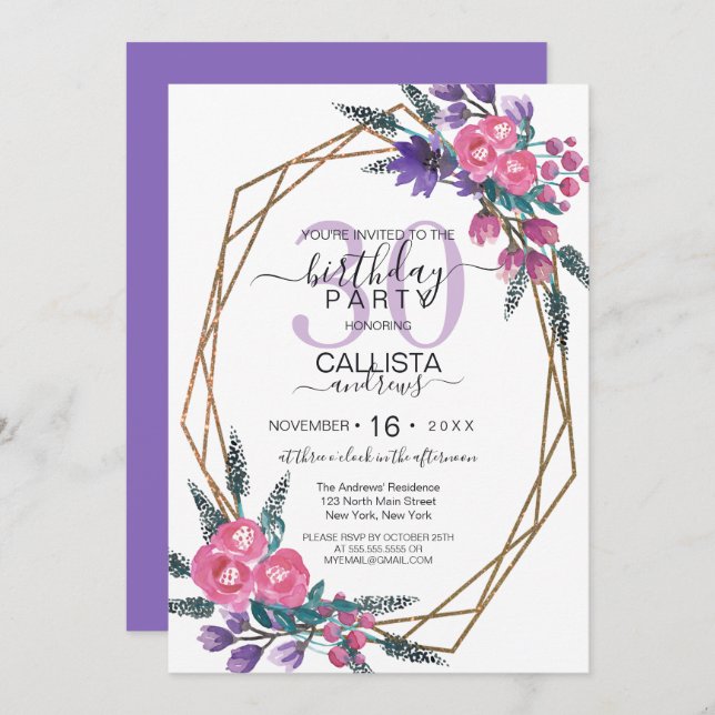 Elegant Pink Purple Watercolor Flowers Birthday Invitation (Front/Back)