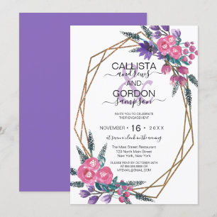 Elegant Pink Purple Watercolor Flowers Engagement Invitation