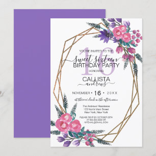 Elegant Pink Purple Watercolor Flowers Sweet 16 Invitation