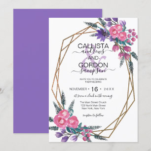 Elegant Pink Purple Watercolor Flowers Wedding Invitation