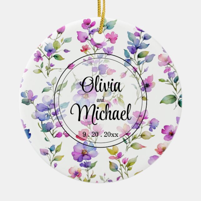 Elegant pink purple watercolor wildflowers  ceramic ornament (Front)