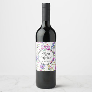 Elegant pink purple watercolor wildflowers  wine label