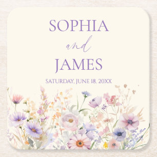 Elegant Pink Purple Wildflower Meadow Wedding Square Paper Coaster