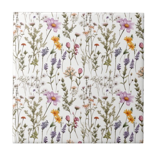 Elegant Pink Purple Wildflower Pattern Ceramic Tile (Front)